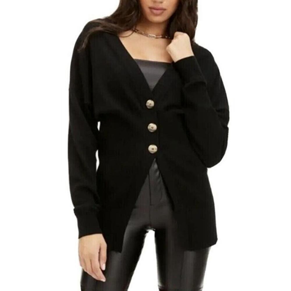 Good American NWT Black Ribbed Waist Cardigan V-Neck Size 1/2 Button Front